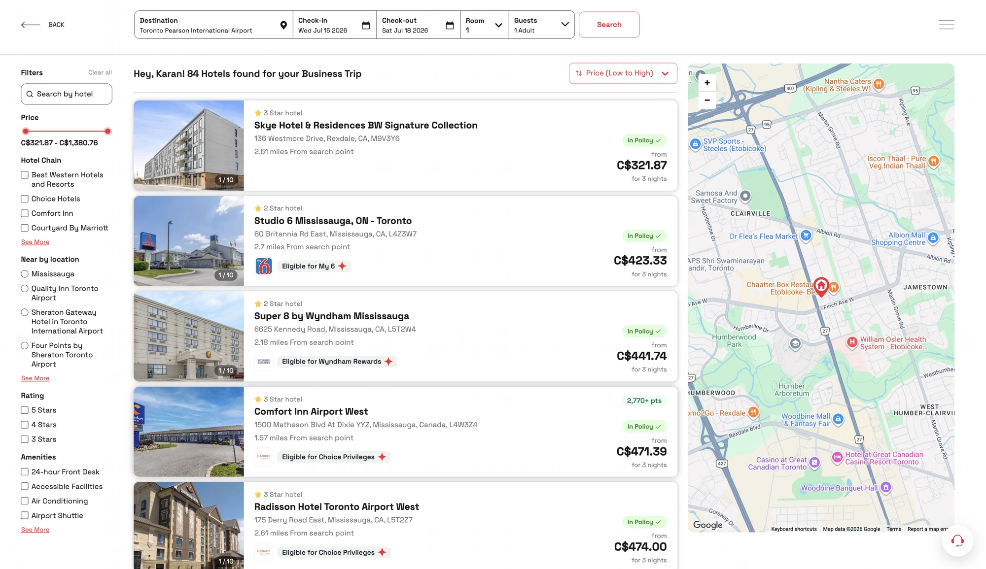 Travellez hotel search results with in-policy indicators