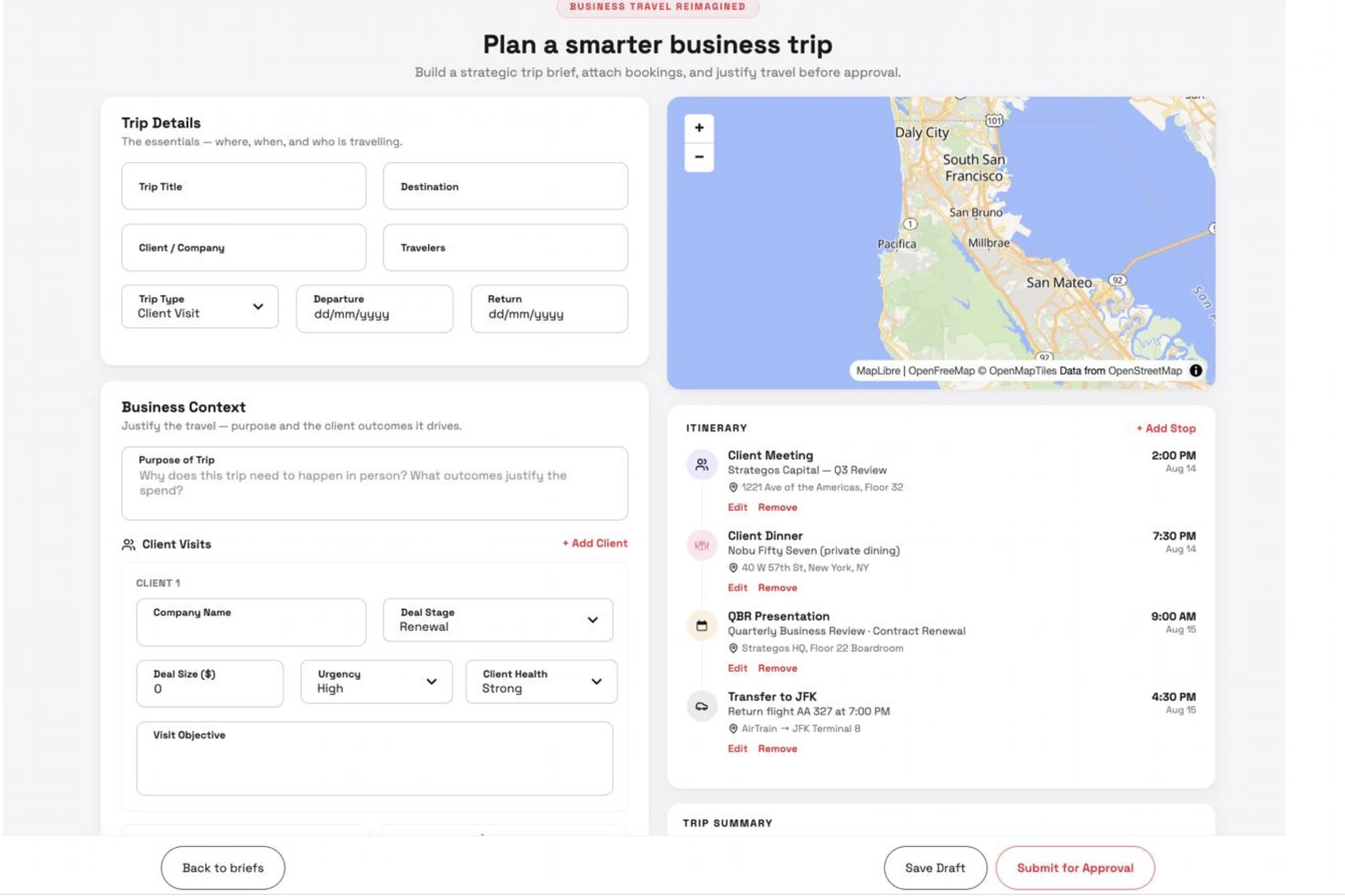 Travellez smart itinerary planner with client visits and trip context